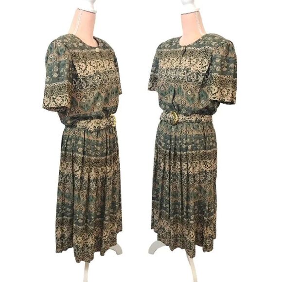 VTG 80s Green Floral Print Belted Pleated Midi Dress Size 16 *Fits like Large - Picture 9 of 17